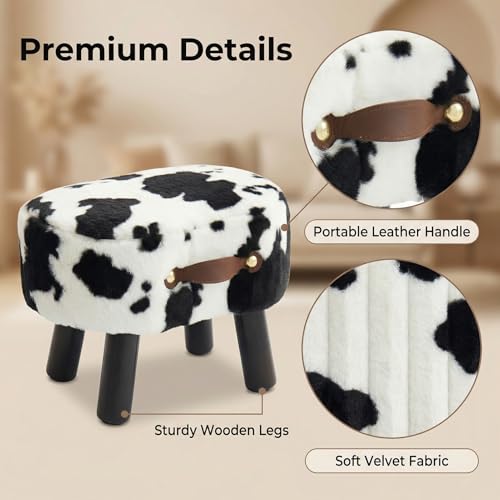 Foot Stools Small, Cow Ottomon with Handle, Velvet Footrest | Curved Foot Stool with Padded Seat Wooden Legs, Portable Foot Rest for Living Room, Bedroom, Entryway (Cow) - color: Cow