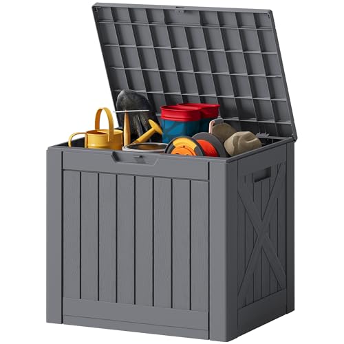 JUMMICO 42 Gallon Deck Box Waterproof, Resin Outdoor Storage Box with Side Handles, Outdoor Storage Benches Lockable for Patio Cushions and Garden Tools (Gray) - color: Gray, size: 42 gallon