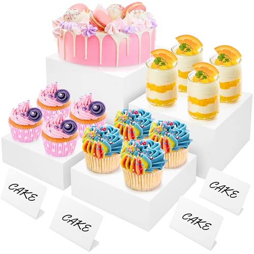 8” Buffet Risers with Mini Signs, Buffet Table Risers and Stands, Acrylic Cube Display Box for Catering Party Table Food Display, Dessert, Cakes - White, Set of 4 Boxes (4 Pack) - color: 4 Pack