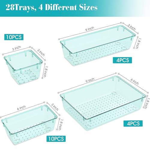 StorMiracle 28 PCS Clear Plastic Drawer Organizers Set, 4 Size Desk Drawer Organizer Trays for Makeup, Jewelry, Kitchen Utensils, Gadgets and Office Accessories, Sea Blue - color: Sea Blue, size: 28 PCS