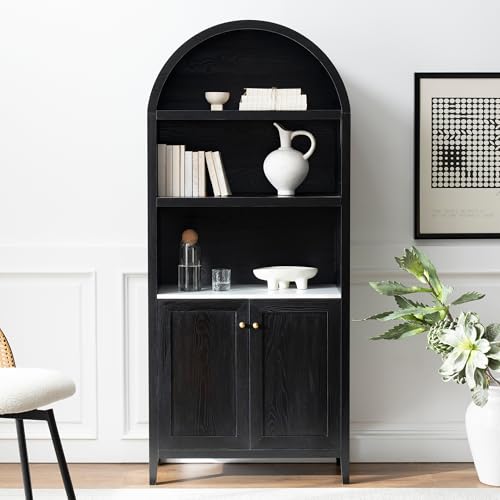 EYYTHUNG 71" Tall Arched Cabinet, 5-Tier Arched Bookcase Storage Display Cabinet with Doors and Shelves, Modern Farmhouse Bookshelf Kitchen Pantry Cabinet for Living Room Dining Room, Black - color: Black
