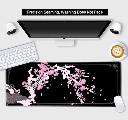 Japanese Pink Cherry Blossom Desk Pad, Black Long Mouse Pad Deskmat, Cute Desk Mat for Desktop, Women Computer Laptop Protector Writing Pads for School Office, 31.5 X 11.8 in- Sakura Flowers - color: Cherry Blossom Art