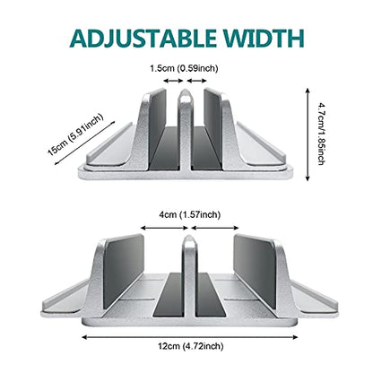 Vertical Laptop Stand for Desk Metal Heavy Duty, 4 Slots Adjustable 4in1 Vertical MacBook Stand Rack Pro Holder Compatible w' All Surface Dell Samsung HP Chromebook Upto 17.5' - Sliver