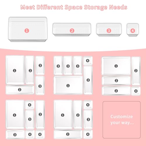 25 PCS Plastic Drawer Organizer Set, 4-size Clear Bathroom and Vanity Desk Drawer Organizer Trays, Non-Slip Versatile Storage Bins for Makeup Jewelry Office Kitchen Gadgets