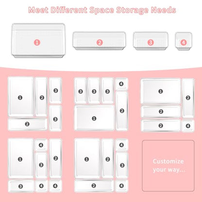 25 PCS Plastic Drawer Organizer Set, 4-size Clear Bathroom and Vanity Desk Drawer Organizer Trays, Non-Slip Versatile Storage Bins for Makeup Jewelry Office Kitchen Gadgets