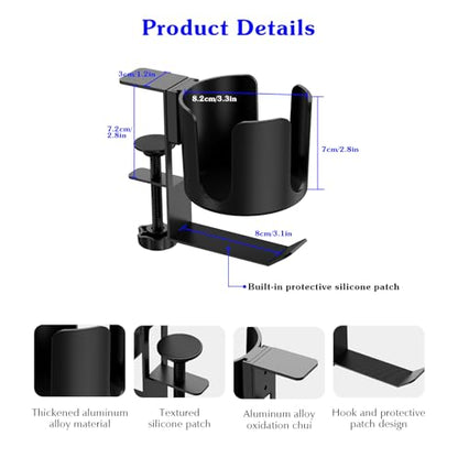 Desk Cup Holder Clip On with Buckle Clamp Hook,Deeper Drink Table Holder for Water Bottles & Coffee Mugs Bags Headphone Hanger,Adjustable Large Metal Clamp for Office & Gaming,Home,Black - size: 3.94"L x 3.94"W x 5.51"H