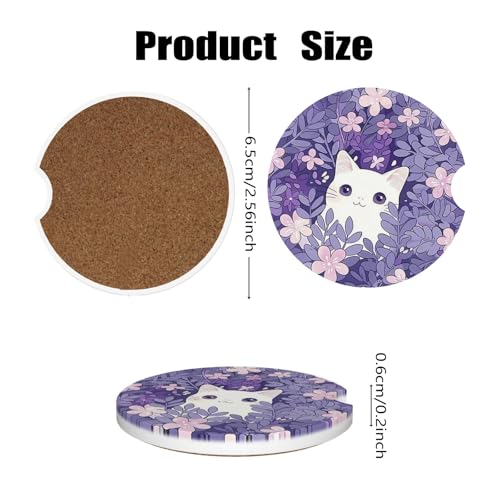Car Cup Holder Coasters, 2 Pcs Ceramic Coasters with Cork Back and Finger Slot, Anti-Slip Shock Absorbing Women and Men Universal Car Accessories - White Little Cat - color: White Little Cat