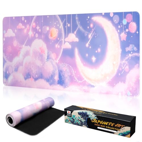 BELLEMOND Japanese Art Desk Mat | Large 31.5x11.8in Anime Mouse Pad for Keyboard & Mouse | Non-Slip Base, Water-Repellent | Original Japanese Design | Moonlit Pastel Cosmos - color: Moonlit Pastel Cosmos
