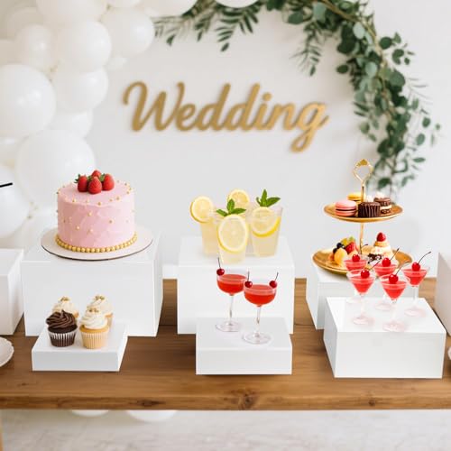 Hacaroa 6 Pcs Buffet Risers, Food Risers Dessert Cupcake Stand for Buffet Table, White Acrylic Cube Boxes for Party, Catering, Jewelry, Collectibles, Hollow Bottom, 6 Sizes (10", 9", 8", 7.5", 6.7", 6")