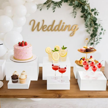 Hacaroa 6 Pcs Buffet Risers, Food Risers Dessert Cupcake Stand for Buffet Table, White Acrylic Cube Boxes for Party, Catering, Jewelry, Collectibles, Hollow Bottom, 6 Sizes (10", 9", 8", 7.5", 6.7", 6")