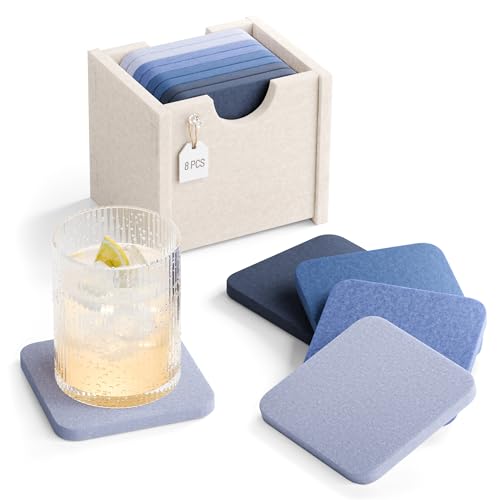 Fluxynara Felt Coasters for Drinks, Set of 8 Absorbent Coasters with Holder, Heat-Resistant & Reusable Square Design for Coffee Table & Living Room, 3.94 Inch, Denim Mist - color: Denim Mist, size: Square - 8 Count