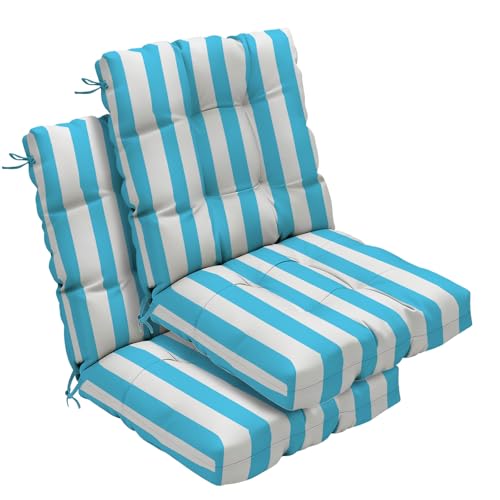 Outdoor Chair Cushions Set of 2, 42x21x4 Inch Patio Cushion for Dining/Rocking Chairs, High Back Soft Seat Pad, Indoor Outside Use, Fade-Resistant & Waterproof, Sky Blue White Stripes - color: Sky Blue White Stripes