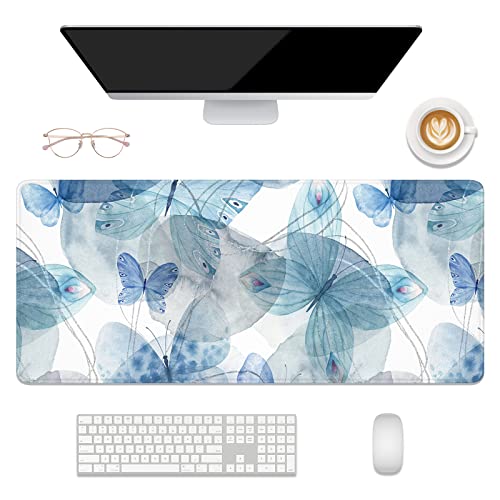 Desk Mat, 32" x 12" XXL Extended Large Gaming Mouse Pad, Desktop Decor Desk Pad, Cute Men Women Office Supplies and Accessories, XL Mouse Mat for Laptop & Keyboard, Blue Butterfly - color: Blue Butterfly, size: 32" x 12"