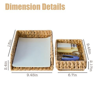 PINXIURY Woven Water Hyacinth Paper Organizer for Desk – Set of 2 Letter Trays – Tabletop Folder & Document Storage Trays – Desktop File Organizer for Home & Office