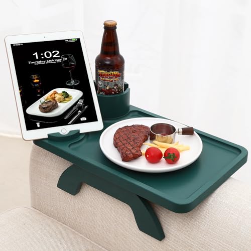 Nnewvante Couch Arm Table,3 in 1 Large 15.36"x9.85" Bamboo Sofa Arm Clip on TV Tray Table with 360°Rotated Phone/Cup Holder, Dark Green - color: Darkgreen