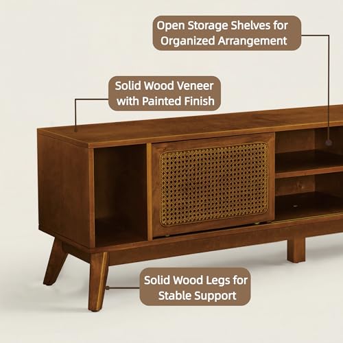 LKTART 68 Inch Mid Century Modern TV Stand with Rattan Doors,MCM Entertainment Center Media Console for 60/65/70/75 inch TVs,Long Boho Television Stand for Living Room,Light Walnut - color: 68" Light Walnut