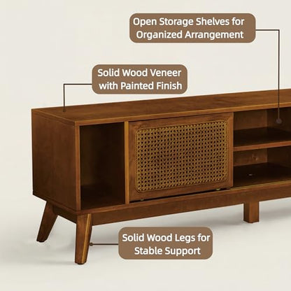 LKTART 68 Inch Mid Century Modern TV Stand with Rattan Doors,MCM Entertainment Center Media Console for 60/65/70/75 inch TVs,Long Boho Television Stand for Living Room,Light Walnut - color: 68" Light Walnut