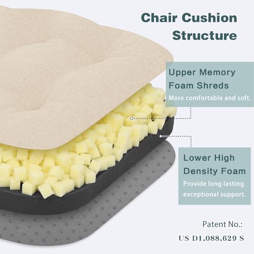 baibu Dining Chair Cushions Set of 6, Dual-Layer Memory Foam Kitchen Chair Cushions, Patented Design Seat Pads with Ties, 16.5 x 16.5 x 3.5in, Beige - color: Beige, size: 6 Count (Pack of 1)