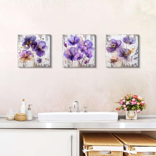 Purple Flower Wall Art Bathroom Decor Vintage Floral Canvas Pictures Watercolor Farmhouse Flowers Prints Nature Botanical Aesthetic Canvas Artwork for Living Room Kitchen Home Decoration 12x12" 3Pcs - color: Purple Flower, size: 12 x 12 in