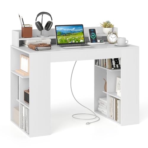 Tangkula Computer Desk with Power Outlets, 43” Home Office Desk with Monitor Shelf & 2 Bookcases, Modern Writing Desk PC Workstation with Type C Charging for Bedroom Dorm (White)