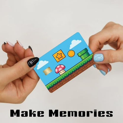 Retro Platformer World – Credit Card Skin Sticker Cover Decal Wrap 2-Pack – Cute Mushroom, Coin & Star Block Design
