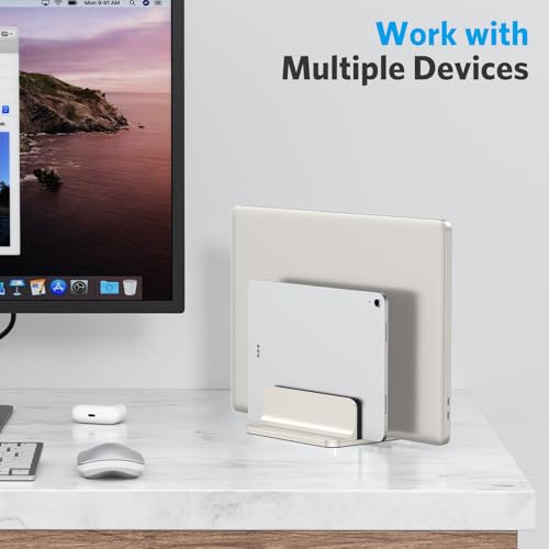 OMOTON Vertical Laptop Stand [Updated Double Version], Desktop Aluminum Mac Book Stand with Adjustable Dock Size, Fits All Mac Book, Surface, Chrome Book and Gaming Laptops (Up to 17.3") (Starlight) - color: Starlight