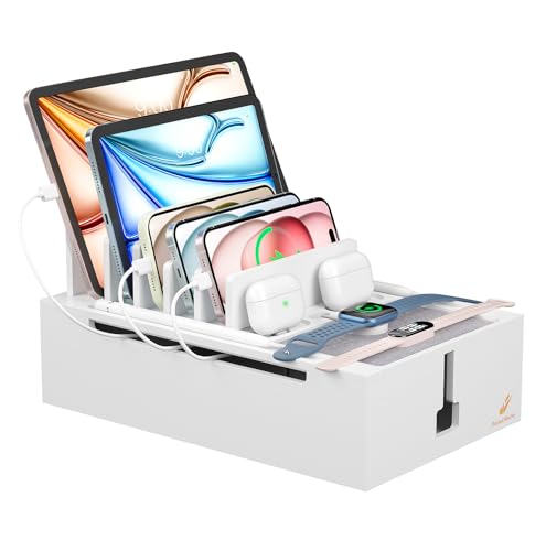 Pezin & Hulin Bamboo Charging Station, Electronic Devices Organizer for Multiple Devices Charger Such As Cell Phone, Tablet, Watch and More, White, (No USB Charger and Cables - color: White, size: Dock (No Charger&Cables)