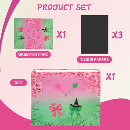 Mprocen Pink Green Party Favor Bags, Witch Musical Cartoon Animation Goodie Bags with Greeting Cards Tissue Papers for Witch Crown Theme Birthday Party Supplies - color: Themed 1