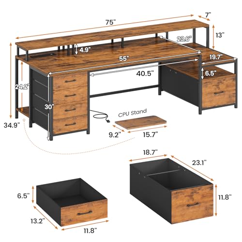 SEDETA Home Office Desk with File Drawer & Power Outlet, 75'' Large Computer Desk with 5 Drawer, Storage Shelves, Monitor Shelf and Led Lights, 23.6" W Desktop Gaming Desk, Rustic Brown - color: Rustic Brown, size: 75X23.6inch