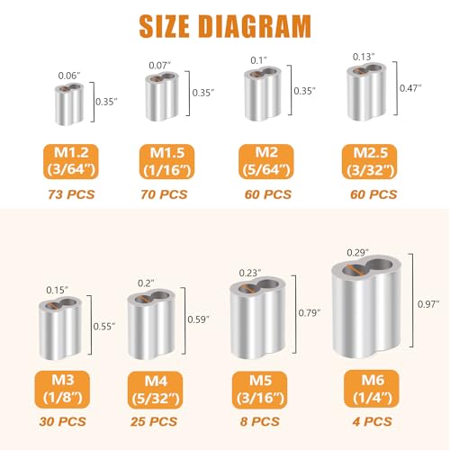 mankk 330Pcs Aluminum Crimping Loop Sleeve 8 Sizes (3/64'' 1/16'' 5/64'' 3/32'' 1/8'' 5/32'' 3/16'' 1/4'') Wire Rope Sleeves Double Cable Ferrules Kit M-109-330PCS - size: 330PCS