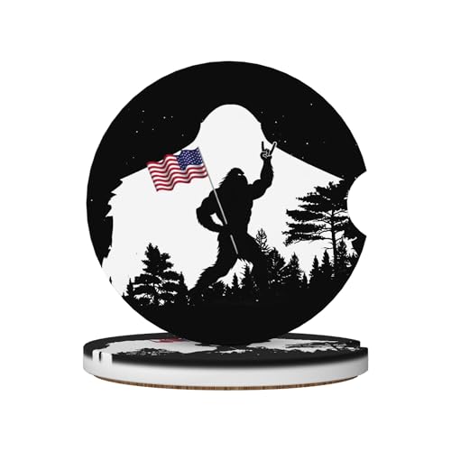 Bigfoot Flag American Car Cup Holder Coasters 2 Pack Universal 2.63 Inch Anti Slip Ceramic Absorbent Coaster with Cork Base and Finger Notch Cute Car Accessories Interior for Women - color: Black