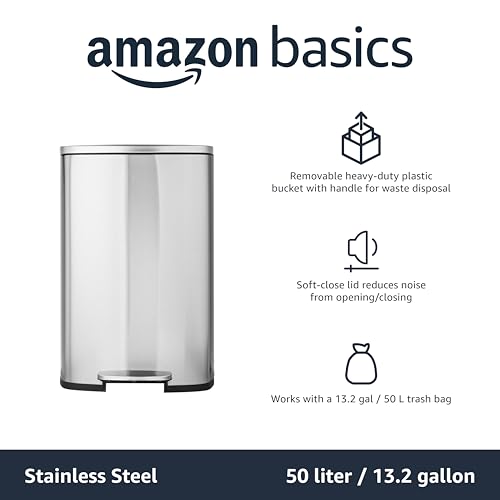 Amazon Basics LARGE Trash Can, 13.2 Gallon (50L), Smudge Resistant Rectangular Bin with Soft-Close Lid, Step Foot Pedal, Removable Inner Bucket, Brushed Stainless Steel, Satin Nickel Finish - size: Big, 50L/13.2 Gal