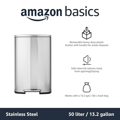 Amazon Basics LARGE Trash Can, 13.2 Gallon (50L), Smudge Resistant Rectangular Bin with Soft-Close Lid, Step Foot Pedal, Removable Inner Bucket, Brushed Stainless Steel, Satin Nickel Finish - size: Big, 50L/13.2 Gal