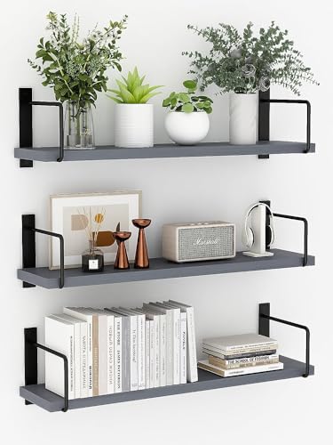 Floating Shelves, 24 Inches Easy to Install Wall Mounted Shelves, Set of 3, Rustic Wood Shelves for Wall Decor, Storage Shelves for Living Room (Grey) - color: Grey