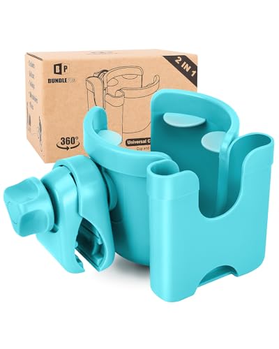 Universal Stroller Cup Holder with Mobile Phone Case, 2-in-1 Strollers Storage Rack, 360 Degrees Rotation Drink Holder for Bike, Pushchair, Wheelchair, Walker,Bicycle, Fits Most Cups (Blue) - color: BLUE