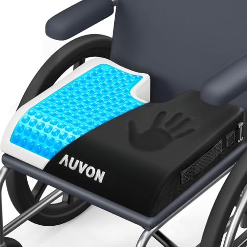 AUVON Gel Wheelchair Seat Cushion, Waterproof Cover, Pressure Sore & Ulcer | Ergonomic Chair Cushion with U-Cutout for Tailbone Pain, Back Pain Relief, Memory Foam Wheelchair Cushion, Anti-Slip