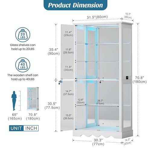 Dystler Display Cabinet with RGB LED Lights & Glass Doors, 5-Tier, White | Human Sensor Lighting, Flexible Storage with Adjustable Shelves, Modern Design Curio Cabinet - color: Pure White