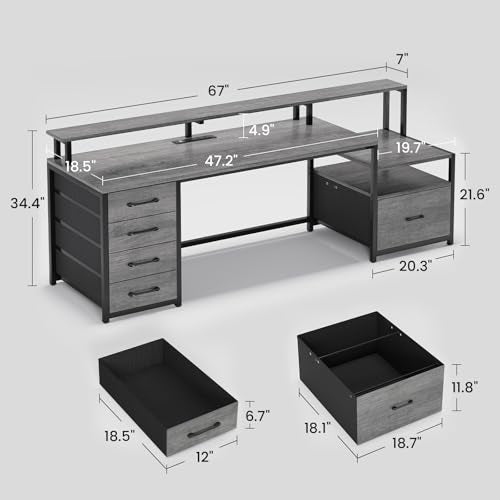 SEDETA Home Office Desk with File Drawer & Power Outlet, 66'' Computer Desk with 5 Drawer, Storage Shelves, Printer Cabinet and Monitor Shelf, Gaming Desk with Led Lights, Grey - color: Grey, size: 67X18.5inch