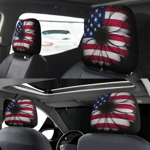 Dujiea 2 Pack American Flag Daisy Car Headrest Covers, Universal Soft Car Seat Head Rest Cover Protector, Vehicle Accessories Fabric Headrest Cover for Cars Vans Trucks - color: American Flag Daisy
