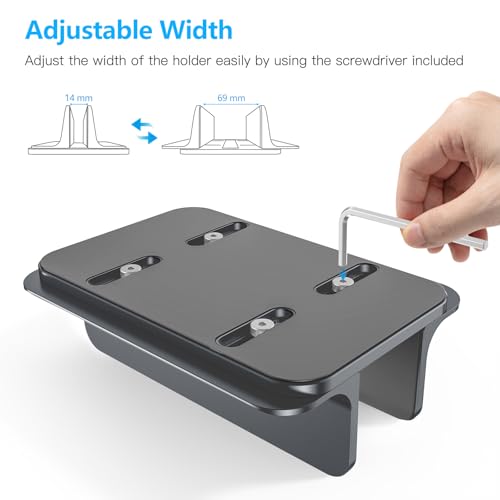 OMOTON Vertical Laptop Stand Holder, Desktop Aluminum Stand for MacBook with Adjustable Dock Size, Fits All MacBook, Surface, Chromebook and Gaming Laptops (Up to 17.3 inches), Gray - color: Grey
