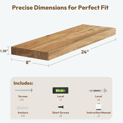 Flat Edge Elm Wood Floating Shelf with Invisible Bracket 24”Natural - color: Natural, size: 24”,set of 2