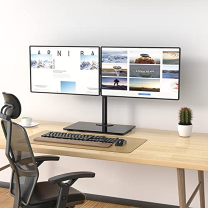 WALI Free Standing Dual Monitor Stand, Height Adjustable Monitor Mount with Glass Base, Fits LCD LED Flat Curved Screen up to 27 inch, 22lbs, with Grommet Base (GMF002) - size: Dual, style: Glass Free Stand