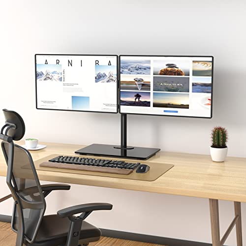 WALI Free Standing Dual Monitor Stand, Height Adjustable Monitor Mount with Glass Base, Fits LCD LED Flat Curved Screen up to 27 inch, 22lbs, with Grommet Base (GMF002) - size: Dual, style: Glass Free Stand