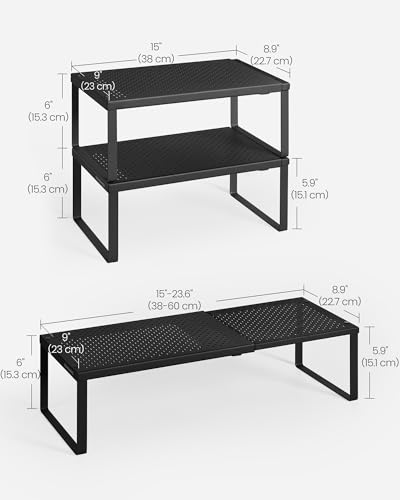 SONGMICS Spice Racks, Set of 2 Expandable Kitchen Countertop Shelves, Small Cupboard Organizers, Metal, Space-Saving Tabletop Shelves, Matte Black UKCS402B01 - color: Matte Black, size: Set of 2