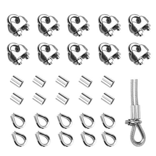 30PCS 1/4 Inches M6 Stainless Steel Wire Rope Cable Clip Clamp & M6 Thimble & M6 Aluminum Crimping Loop Sleeve (3 Styles 10PCS Each), Cable Clamp Fasteners for 1/8"-1/4" Wire Cable for Outdoors - size: 30pcs-M6(4mm-5mm)