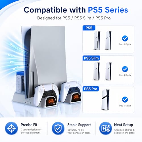 Cooling Station for PS5/Slim/Pro/Disc&Digital, White Cooling Stand with Dual PS5 Controller Charging Station, 3 Levels Cooling Fan, Multi-Function PS5 Accessories Slot and USB Hub