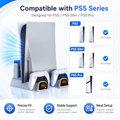 Cooling Station for PS5/Slim/Pro/Disc&Digital, White Cooling Stand with Dual PS5 Controller Charging Station, 3 Levels Cooling Fan, Multi-Function PS5 Accessories Slot and USB Hub