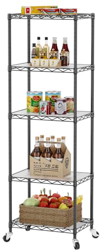 SINGAYE Shelf Closet Wire Shelving：Adjustable Metal Unit for Laundry Room Organization Bathroom Kitchen Home Storage with Wheels Small Pantry Rack Shelves - color: Black, size: 5Tier-11.45"Dx17.5"Wx57"H