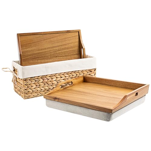ROSSIE HOME Acacia Wood Bed Tray, Lap Desk - Set of Two - with Hyacinth Storage Basket - Natural - Fits up to 15.6 Inch Laptops - Style No. 70106 - color: Natural Acacia, size: 2-Pack with Basket