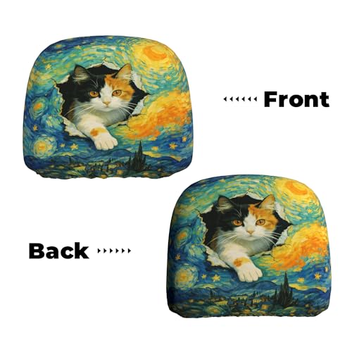 Funny Cat Print Headrest Covers for Cars Starry Night Auto Head Rest Cover 2pc - color: Van Gogh Cat